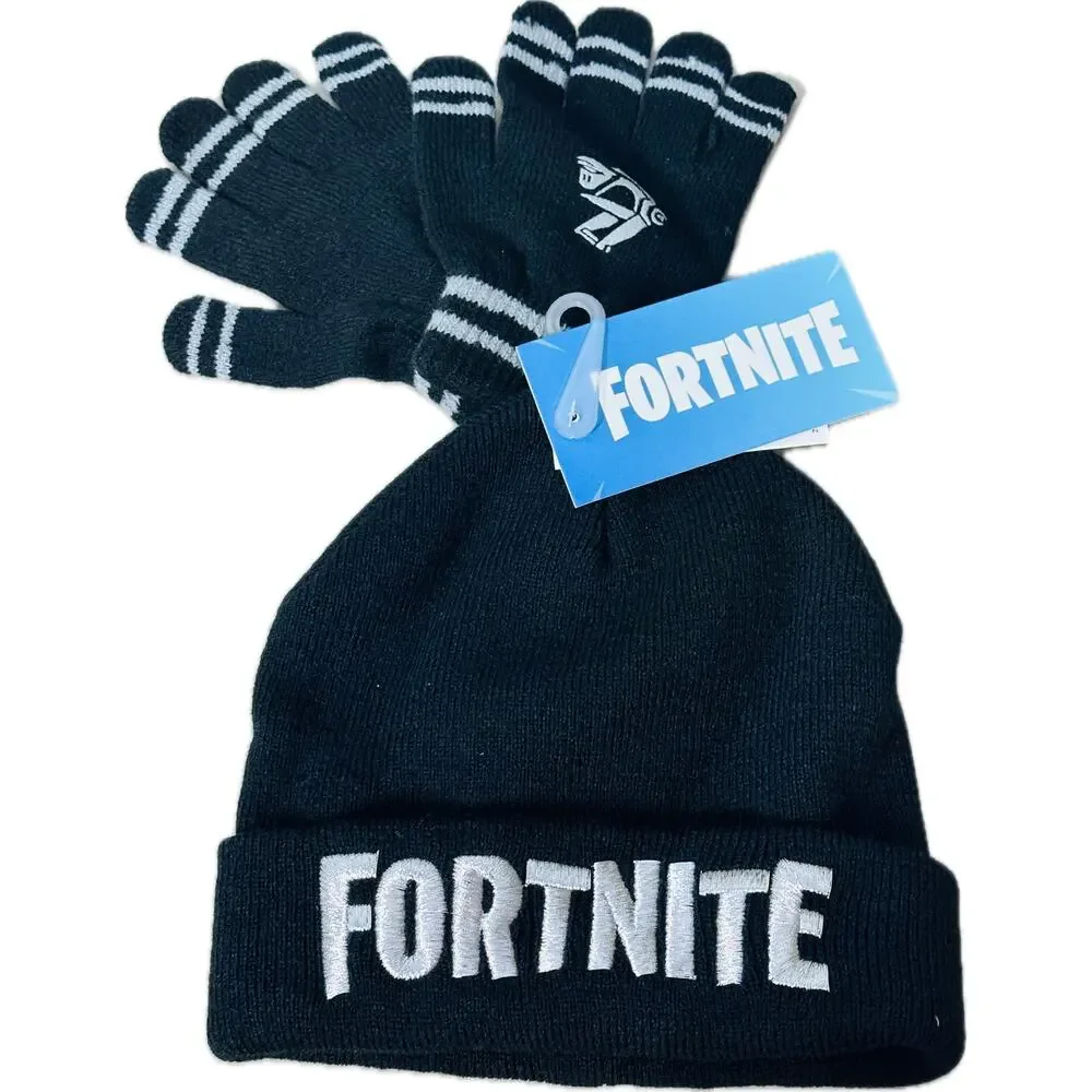 Fortnite Youth Beanie and Gloves Set Black Silver One Size NWT